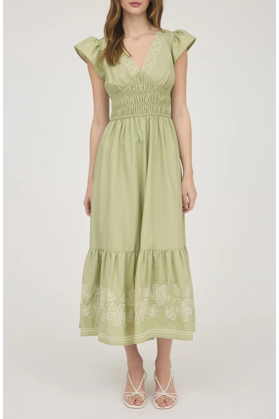 Olive Embroidered Tiered Midi Dress S
